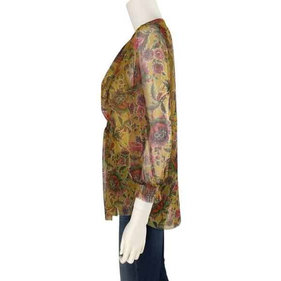 Anthropologie Sheer Mesh Babydoll Henley Top S Chartreuse Floral Balloon Sleeve - Picture 7 of 16